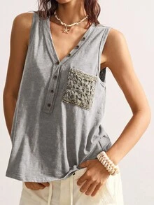 Bohemela Boho Countryside Vacation Style Solid Color Washed Knit Patchwork Crochet Pocket V-Neck Sleeveless Fitted Women Tank Top - Grey - View 3