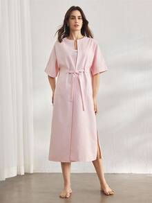 Ocili Áo choàng dài tay sọc hồng pha cotton rộng rãi thoải mái cho nữ, váy ngủ dài - Hồng - Xem 7