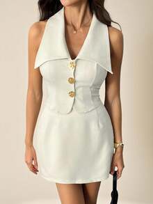 SHEIN Tall 2pcs Set Women's Slim Fit Solid Color French Style Pointed Collar Vest White 2pcs Set, Tall Women - Beige - View 6