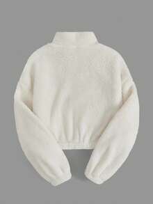 SHEIN Tween Girl 休闲宽松字母拼接半拉链短款连帽衫，米色 - 杏色 - 查看 2