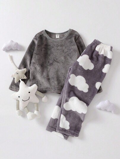 2pcs Boys Cloud Pattern Pajama Set, Casual & Comfortable Daily Sleepwear, Autumn/Winter Pajamas For Kids With Plushy Cloud Print Pajamas Fall