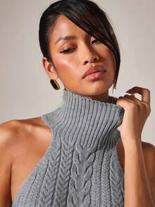 COSMINA 女士休闲纯色高领无袖扭纹针织上衣 灰色高领上衣 女士高领毛衣 灰色针织上衣 高领毛衣背心 麻花针织上衣 - 淺灰色 - 查看 4