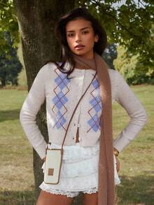 Athîral Women's Casual Collegiate Rhombus Plaid Pattern Single-Breasted Lightweight Cardigan, Autumn