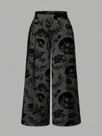 Goth Pantalon ample à jambes larges à imprimé tout-sur-tout grande taille, crâne sombre, épine, aile de chauve-souris, rose de crâne, mystérieux horreur Halloween