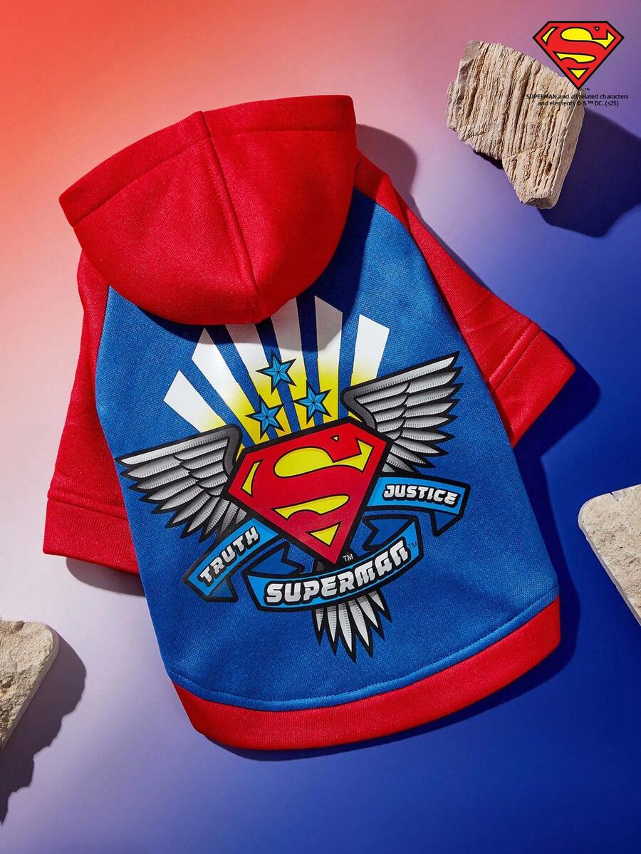 SUPERMAN X PETSIN 1pc Colorblock Printed Raglan Sleeve Hoodie, Fashionable & Suitable For Cats & Dogs - Blue - View 1
