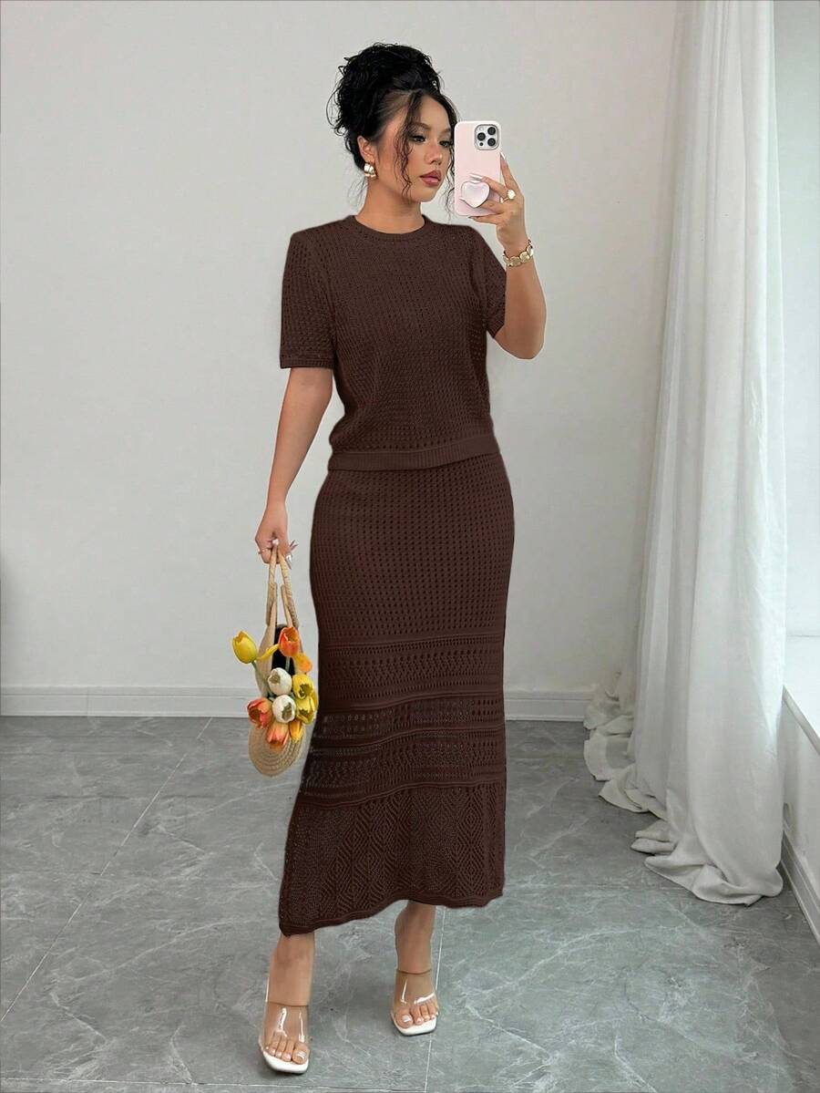 Elenzga 2025 New French Style White Hollow Out Short Sleeve Top + Mini Skirt 2 Pieces Set, Spring