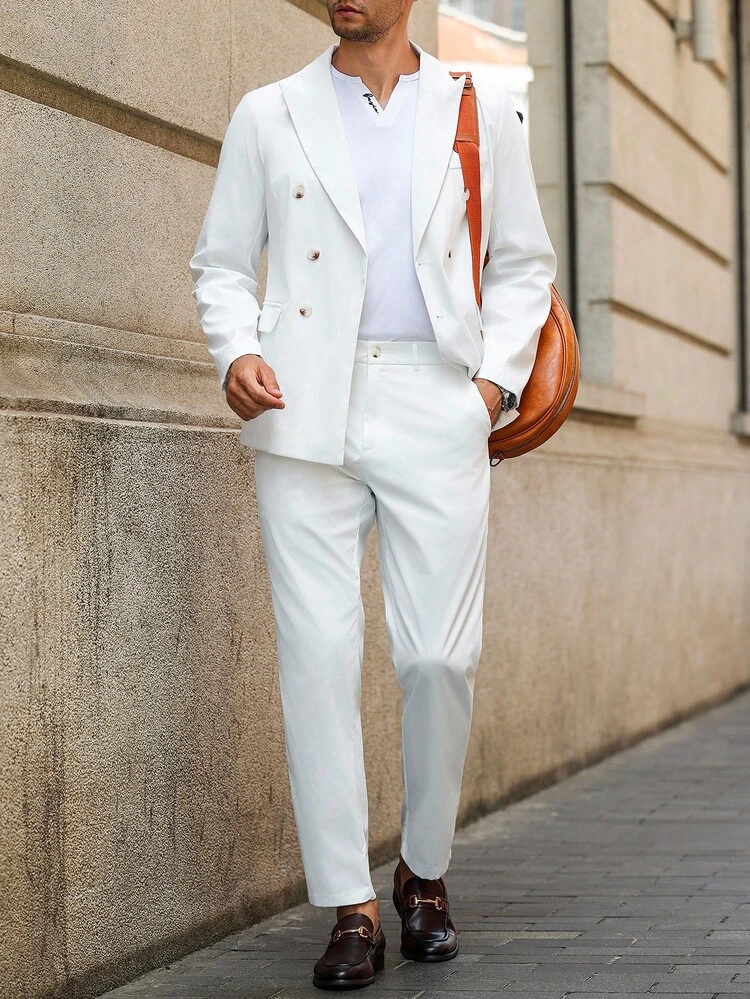 Calvornis Conjunto de Terno Branco Masculino com Jaqueta Dupla Fileira de Botões e Calça com Bolsos, Conjunto de Terno Branco Masculino, Conjunto de Terno Branco de Dupla Fileira de Botões Masculino, Conjunto de 2 Peças Branco Masculino - Branco - Visão 3