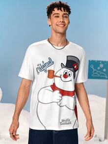 Frosty the Snowman X SHEIN 男士休闲雪人印花圆领短袖T恤，夏季 - 白色 - 查看 6