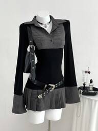 Elamini 1개 여성용 블랙 숏 드레스, 데일리 웨어, 통근, 개학 시즌, 우아함, 빈티지, 통근, 2 In 1 플리츠, 개학 시즌 데일리, 캐주얼, 대학 스타일에 적합