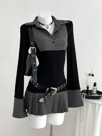 Elamini 1pc Women's Black Short Dress, Suitable For Daily Wear, Commuting, Back To School Season, Elegant, Vintage, Commuting, 2 In 1 Pleated, Back To School Season Daily, Casual, College Style