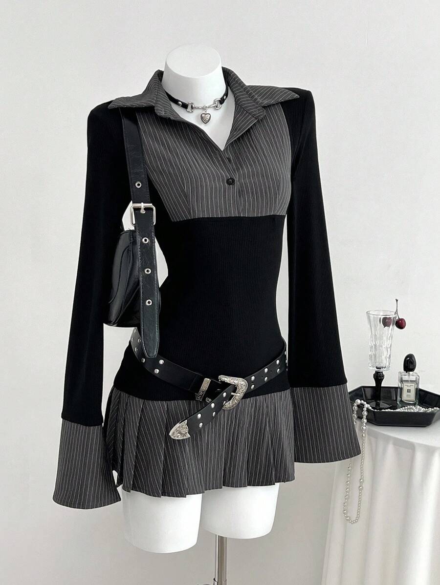 Elamini 1 件女士黑色短裙，适合日常穿着、通勤、返校季、优雅、复古、通勤、二合一褶皱、返校季日常、休闲、学院风 - 黑色 - 查看 1