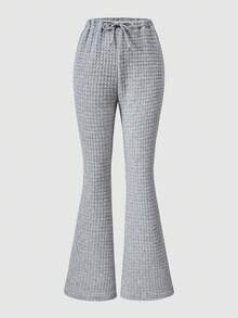 SHEIN Explorewe Teen Girls' Plain Waffle Knit Drawstring Waist Flare Casual Sweatpants Flared Sweatpants Grey Flared Pants - Grey - View 6