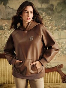 Anewsta Sudadera holgada de manga larga con capucha, de piel de imitación con decoración metálica, de color marrón, de estilo casual, para mujer, para otoño/invierno