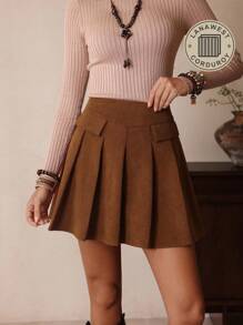 LanaWest Women's Fall Autumn Western Bohemian Style Rust Brown Textured Fabric High Waist Faux Pocket Pleated Casual Vacation Mini Skirt