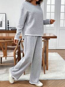 EMERY ROSE 女士休闲宽松圆领落肩长袖高低下摆 T 恤和裤子两件套，秋季 - 灰色 - 查看 7