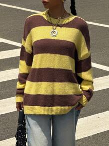 Muchica Fall Women Clothes Korean Style Women's Casual Loose Fit Drop Shoulder Pullover Sweater Brown And Yellow Striped Sweater