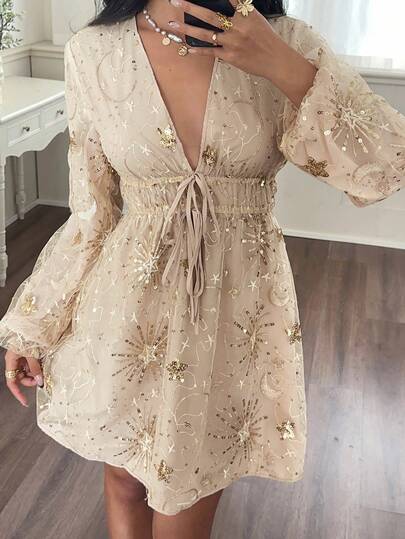 Serisse Vestido corto de mujer con cuello en V y lentejuelas, casual y de moda para vacaciones