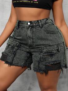 SHEIN CURVE+ Plus Size Women's Pocket Distressed Relaxed Fit Denim Shorts, Curve Plus, Boho Vacation - Black - View 1