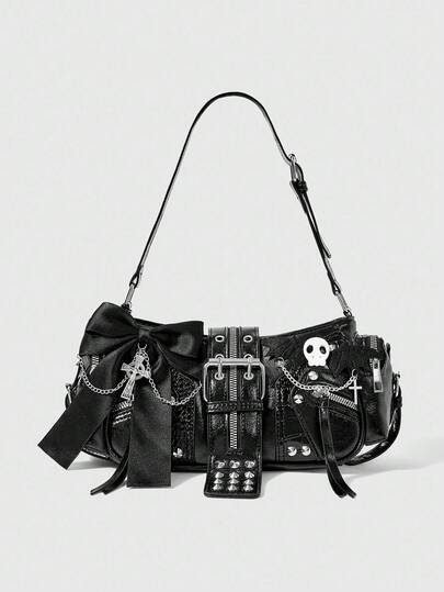 Grunge Punk Bow Decor Motorcycle Underarm Bag, Women Casual Shoulder Bags