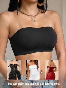 SHEIN 1 件套休闲舒适简约风格纯色舒适无线双层可拆卸肩带吊带文胸女士 - 黑色 - 查看 4