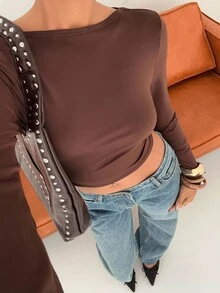SHEIN EZwear 女士露背修身长袖T恤，秋冬新品 - 棕色 - 查看 4