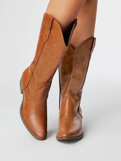 Fairycore Stivali western da donna con punta affusolata e tacco basso, stivali alti da equitazione slip-on, stivali al ginocchio stile college, stivali in pelle con ricamo a V slip-on, stivali al polpaccio