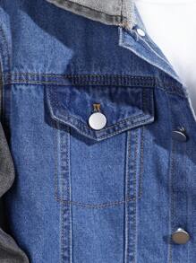 2 件套青少年男童时尚蓝黑牛仔布拼接连帽牛仔夹克 + 黑色牛仔紧身裤套装