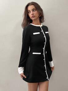 SHEIN Unity Vestido elegante de punto de manga larga con cintura ceñida y decoración de botones de perla para uso diario - Negro - Ver 7
