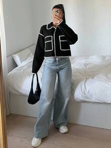 SHEIN 少女黑色长袖外套，撞色短款外套，前开襟纽扣长袖超大口袋外套，秋冬季可爱外套 - 黑色 - 查看 10