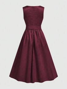 Fairmaia German Traditional Elegant Jacquard Collar Self-Tie Belt Flared Hem Dress For Women, Halloween - Burgundy - View 2