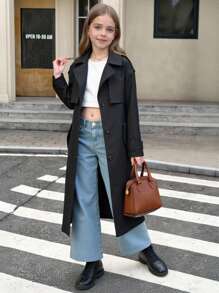 SHEIN Serisse Kids 青少年女孩编织休闲百搭时尚腰带翻领蝴蝶结口袋宽松长款风衣，休闲军装风格，通勤和户外，返校，母子装 - 黑色 - 查看 9