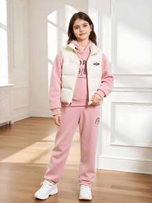 SHEIN 3 件套 Tween Girl 粉色厚上衣、粉色长裤和白色无袖棉服外套套装，适合初中女孩冬季穿着 - 粉色 - 查看 6