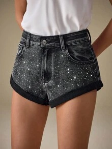 Selenza Quần short denim đính đá thời trang nữ, mùa hè - màu đen - Xem 1