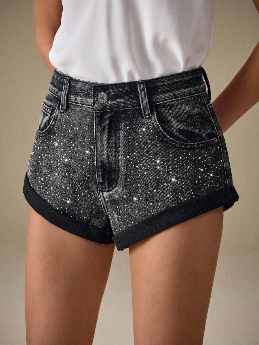 Selenza Quần short denim đính đá thời trang nữ, mùa hè - màu đen - Xem 1