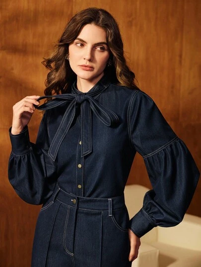Anewsta Elegant Stand Collar Long Sleeve Tie Bow Blouse, Vintage Blue Shirt Top For Women, Suitable For Commuting, Fall, Winter, New Year, Elegant, Chic, Stylish, Christmas, Going Out