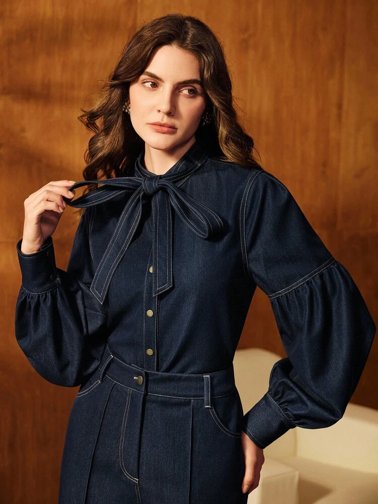 Elegante Stehkragen Langarm Schleife Bluse, vintage blaue Hemdbluse für Frauen, geeignet für Pendeln, Herbst, Winter, Neujahr, elegant, chic, stylisch, Weihnachten, Ausgehen