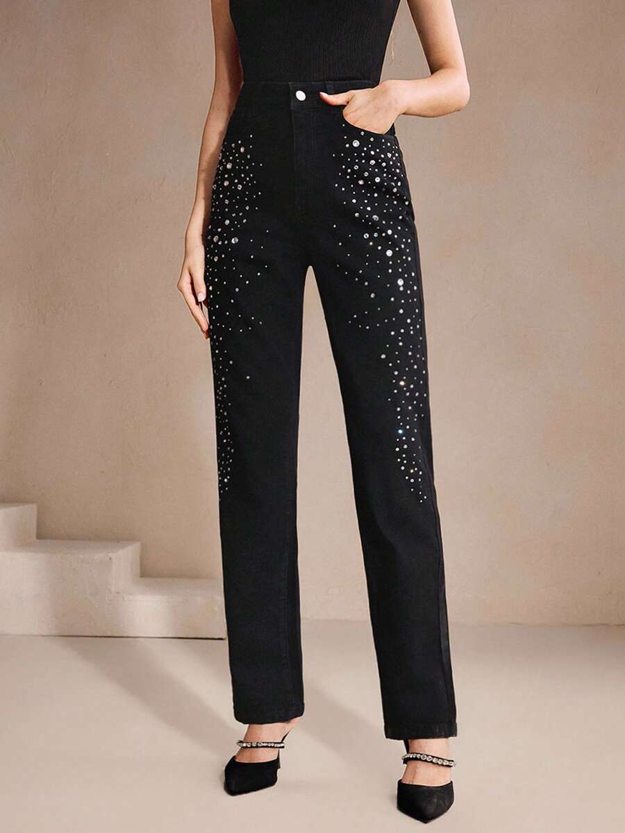 Anewsta Women's Rhinestone Embellished Elegant Black Skinny Jeans, Suitable For Valentine's Day Party - Blue - View 1