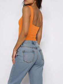 INAWLY Áo ba lỗ hở lưng màu trơn có dây đeo vai dày cho nữ - trái cam - Xem 2