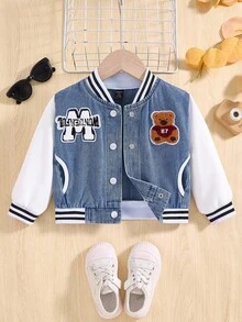 SHEIN 男婴街头风格休闲夹克，牛仔布和针织面料拼布，刺绣贴布设计，罗纹袖口 - 中等水洗藍 - 查看 4