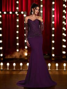 Glamrae Elegante, lujoso, de moda, morado oscuro, vestido de tela de punto elástica con costuras de encaje con lentejuelas, cintura ceñida, con ballenas, busto acolchado, con cola, adecuado para vacaciones, boda, despedida de soltera, baile formal, evento de celebración, cena formal, Día de San Valentín - Morado - Ver 6
