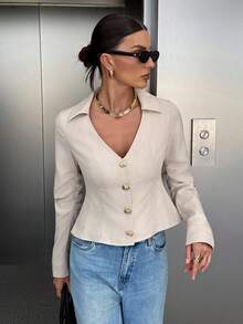 Siren Gaze Casual Commuter Solid Color Metal Buckle Waist Jacket In Fall/Winter - Apricot - View 10