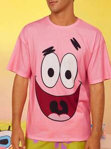 SpongeBob SquarePants | SHEIN Men's Funny Cartoon Print Short Sleeve T-Shirt And Shorts Loungewear Pajama Set, Summer