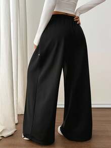 SHEIN PETITE 女士休闲抽绳腰宽松运动裤，娇小版型，秋季阔腿裤，外出休闲，女士乡村风长裤，冬季/秋季女装，女士运动裤，休闲女装，外出休闲，时尚女裤，居家休闲，运动风，百搭，高品质升级，个性化设计，适合聚会、健身房、户外等多种场合，秋季，运动风，多功能 - 黑色 - 查看 2