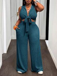 Slaydiva 2025 新款春夏大码女装复古西部/热带/音乐节/俱乐部/公路旅行/休闲/城市度假/毕业约会/优雅度假/日常基本款两件套 - 无袖短款系带上衣和高腰阔腿裤（带口袋） - 水鴨藍 - 查看 5