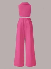 SHEIN Tween Girls Button Front Crop Vest Blazer & Wide Leg Pants - Pink - View 2