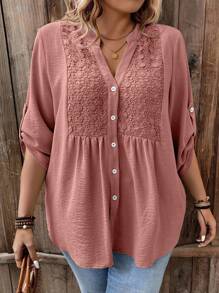 SHEIN CURVE+ 女士时尚纯色长袖V领衬衫 - 粉色 - 查看 4