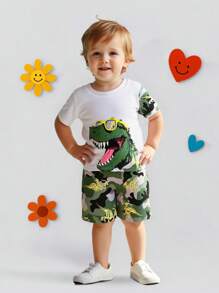 1 Set Tinuta Stilul Cool pentru Copil: Tricou Cu Ochelari De Soare Dino Print, Pantaloni scurți Camo Dinozaur Skeleton Print. Îmbrăcăminte casual zilnică și școlară, potrivită pentru primăvară/vară - Multicolor - Vizualizare 3