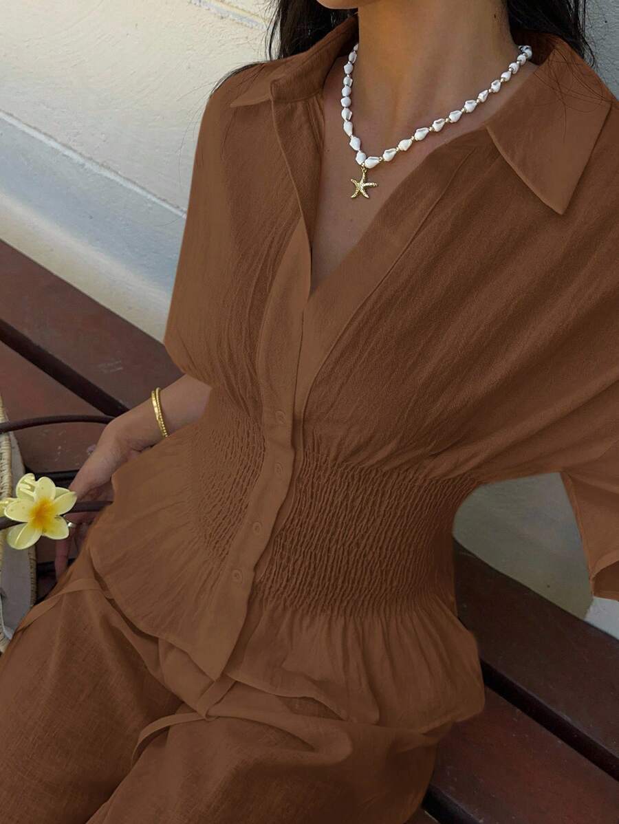 SHEIN EZwear 摩卡棕色女式梭织短袖衬衫 - 摩卡棕 - 查看 1