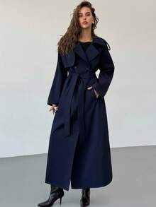 Aloruh 女式长袖风衣，带口袋，收腰，海军蓝，秋冬 - 藏蓝色 - 查看 2
