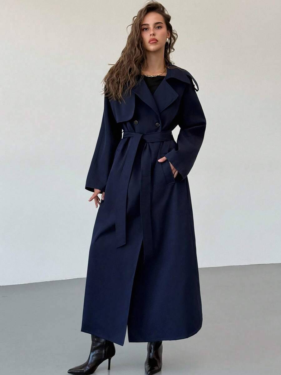 Aloruh 女式长袖风衣，带口袋，收腰，海军蓝，秋冬